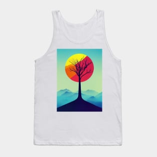 Lonely Tree in Misty Mountains at Dusk Vibrant Colored Whimsical Minimalist - Abstract Minimalist Bright Colorful Nature Poster Art of a Leafless Branches Tank Top